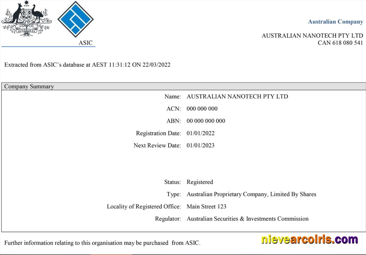 Australian Securities and Investments Commission’s (ASIC) Certificate of Company Registration 2